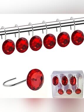 Luxury Red Crystal Shower Curtain Hooks Set of 12 Chrome Bathroom Rings